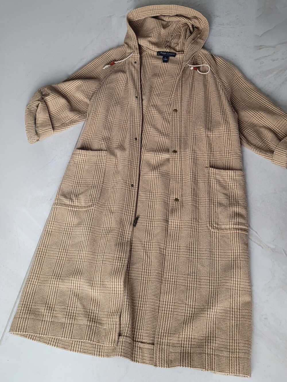Vintage Ralph Lauren Plaid Wool Duster Coat Hooded Waffle Trench Jacket - Picture 2 of 11